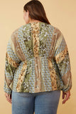 HY6512W OLIVE Plus Mixed Print Block Dolman Peplum Top Back