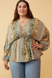 HY6512W OLIVE Plus Mixed Print Block Dolman Peplum Top Front 2