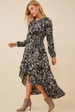 HY6514W Black Plus One Tone Floral Print Asymmetric Hem Maxi Dress Detail