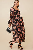 HY6516W BLACK Plus Romantic Floral Square Neck Peasant Smocked Dress Pose