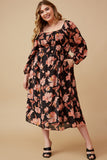 HY6516 Black Womens Romantic Floral Square Neck Peasant Smocked Dress Side