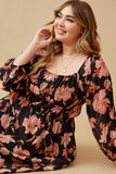 HY6516 Black Womens Romantic Floral Square Neck Peasant Smocked Dress Full Body 2