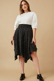 HY6521W Black Plus Textured Polka Dot Smocked Waist Handkerchief Hem Skirt Back