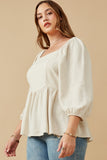 HY6522 Oatmeal Womens Linen Blend Smocked Back Peplum Top Side