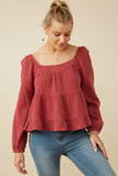 HY6546W Rust Plus Smock Detailed Textured Washed Peplum Top Front