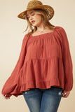 Smock Detailed Textured Washed Peplum Top