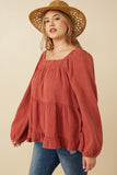 HY6546W Rust Plus Smock Detailed Textured Washed Peplum Top Detail