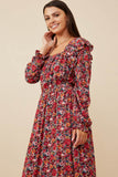 HY6551 Cherry Womens Floral Print Ruffled Square Neck Midi Dress Detail