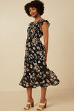 HY6584 BLACK Womens Smocked Romantic Floral Ruffled Tank Dress Front