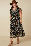 HY6584W Black Plus Smocked Romantic Floral Ruffled Tank Dress Front