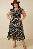 HY6584W Black Plus Smocked Romantic Floral Ruffled Tank Dress Detail