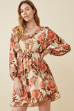 HY6588W Taupe Plus Romantic Floral Ruffle Detailed Long Sleeve Dress Front