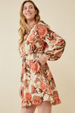 HY6588 TAUPE Womens Romantic Floral Ruffle Detailed Long Sleeve Dress Detail