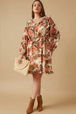 HY6588 TAUPE Womens Romantic Floral Ruffle Detailed Long Sleeve Dress Full Body