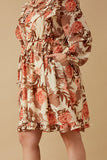 HY6588W Taupe Plus Romantic Floral Ruffle Detailed Long Sleeve Dress Front