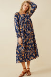 HY6589 NAVY Womens Romantic Floral Square Neck Midi Dress Full Body