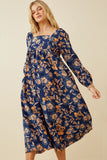 HY6589 NAVY Womens Romantic Floral Square Neck Midi Dress Front