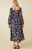 HY6589 NAVY Womens Romantic Floral Square Neck Midi Dress Back