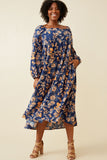 HY6589 Navy Womens Romantic Floral Square Neck Midi Dress Full Body