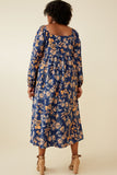 HY6589 Navy Womens Romantic Floral Square Neck Midi Dress Detail