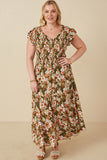 HY6591 Olive Womens Floral Smocked V Neck Ruffled Tank Dress Full Body