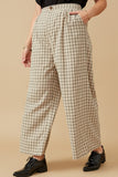 HY6593W Taupe Plus Textured Wide Leg Checkered Pants Detail