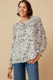 Tie Front Smocked Detail Floral Top