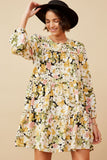 HY6607 BLACK Womens Floral Ribbon Detailed Long Sleeve Tiered Dress Front