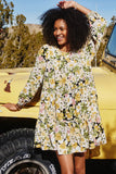 Floral Ribbon Detailed Long Sleeve Tiered Dress