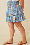 HY6660W BLUE Plus Floral Tiered Dress With Smocked Panel Waist Side