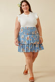 HY6660W BLUE Plus Floral Tiered Dress With Smocked Panel Waist Full Body