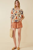 HY6670 RUST Womens Textured Floral Smocked Square Neck Peplum Full Body