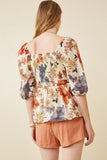 HY6670 RUST Womens Textured Floral Smocked Square Neck Peplum Back