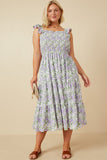 HY6715W Sage Womens Floral Ruffle Strap Ribbon Back Smocked Dress Full Body