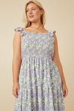 HY6715 Sage Womens Floral Ruffle Strap Ribbon Back Smocked Dress Back 2