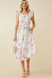 HY6724 Off White Womens Faint Floral Ruffled Shoulder Midi Dress Front