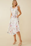 HY6724 Off White Womens Faint Floral Ruffled Shoulder Midi Dress Side