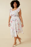 HY6724 Off White Plus Faint Floral Ruffled Shoulder Midi Dress Full Body