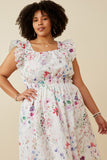 HY6724W Off White Plus Faint Floral Ruffled Shoulder Midi Dress Front