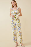 HY6727 BLUE MIX Womens Tropical Print Smock Waist Wide Strap Jumpsuit Full Body