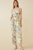 HY6727W Blue Womens Tropical Print Smock Waist Wide Strap Jumpsuit Back