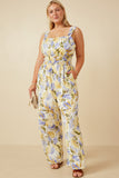 HY6727W Blue Womens Tropical Print Smock Waist Wide Strap Jumpsuit Full Body