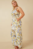 HY6727 BLUE MIX Womens Tropical Print Smock Waist Wide Strap Jumpsuit Side