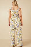 HY6727 BLUE MIX Womens Tropical Print Smock Waist Wide Strap Jumpsuit Back