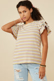 HY6748W Pink Mix Plus Striped Ruffled Cap Sleeve Knit Top Front