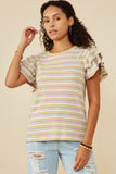 HY6748 Pink Mix Womens Striped Ruffled Cap Sleeve Knit Top Gif