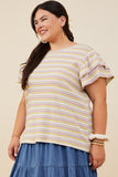 HY6748 Pink Mix Womens Striped Ruffled Cap Sleeve Knit Top Pose