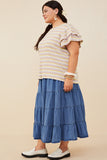 HY6748W Pink Mix Plus Striped Ruffled Cap Sleeve Knit Top Gif