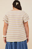 HY6748W Pink Mix Plus Striped Ruffled Cap Sleeve Knit Top Full Body