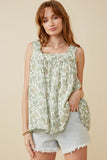 HY6749W GREEN Plus Botanical Print Square Neck Handerchief Tank Front